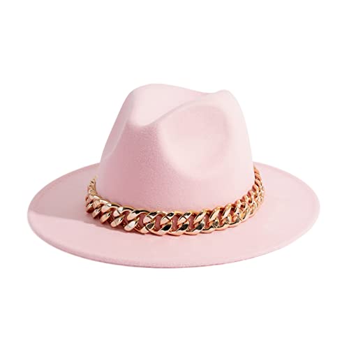 Men & Women Wide Brim Fedora Hat with Chain Buckle - color: Chain Belt-pink