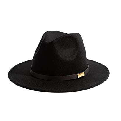 Fedora Hats for Men Wide Brim Panama Hat with Classic Belt - color: Black