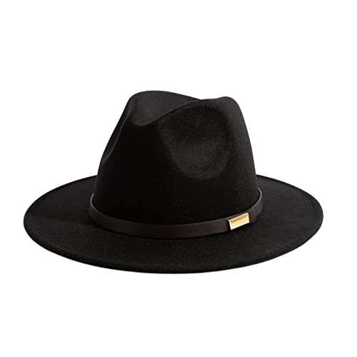 Fedora Hats for Men Wide Brim Panama Hat with Classic Belt - color: Black