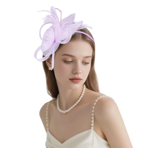 AMCAMI Fascinators Hats with Feather for Women 2026 Derby Hats Small Tea Party Hat with Headband - color: Light Purple