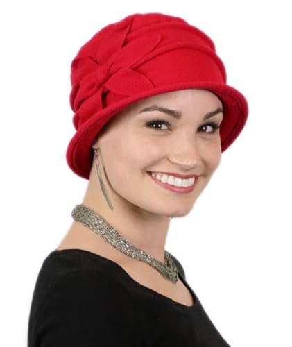 Fleece Flower Cloche Hat for Women Chemo Cancer Ladies Headwear 50+ UPF - color: Red