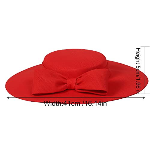 Fascinators Women Wide Brim 20s 50s Derby Pillbox Hat Bowknot Cocktail Tea Party Church Dress Hats - color: Red