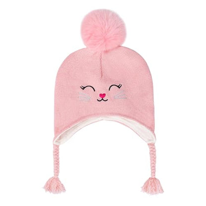 Toddler Girls Cat Ear Winter Hat Warm Knit Beanie Kids Earflap Cap for Cold Weather - color: Z - Pompom Style Pink