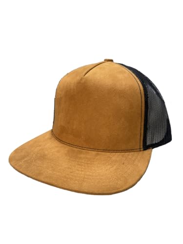 Ashen Fane Faux Suede Polyester Blend 5 Panel Classic Flat or Round Visor Adjustable Snapback Mesh Back Trucker Hat - color: Flat - Brown
