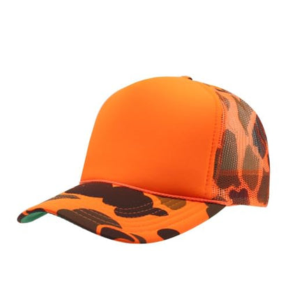 High Crown Foam Mesh Camouflage Tri-Color Oak Leaves Trucker Hat Baseball Cap - color: Neon Orange