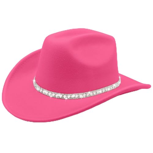 DRESHOW Western Cowboy Hat for Women and Men Wide Brim Glitter Cowboy Cowgirl Hat with Rhinestone Felt Fedora Hats - color: 1 Pack Style 10: Fuchsia