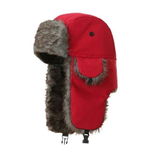 Trapper Hat Warm Faux Fur Winter Hat with Ear Flaps Windproof Waterproof Snow Ski Hats for Men Women Cold Weather - color: Red