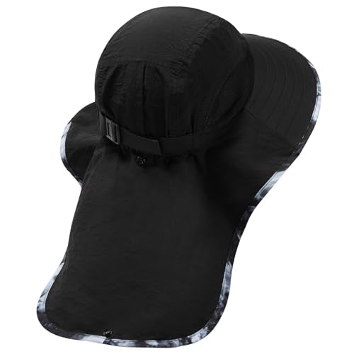 BASSDASH UPF 50+ Unisex Water Resistant Wide Brim Sun Hat with Large Neck Flap Ponytail Fishing Hat for Men Women - color: Black/Splash Black