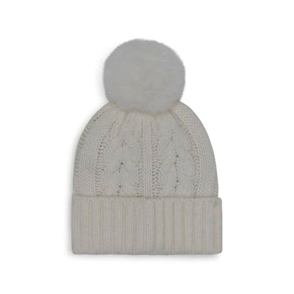 Calvin Klein Women's Cable Knit Beanie with Faux Fur Pom - color: Cream