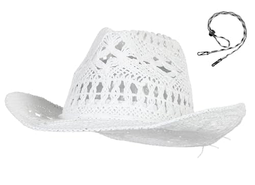 GEMVIE Men & Women's Summer Cowboy Cowgirl Straw Hat Hollow Out Style Roll Up Brim Cowboy Sun Hat - color: White