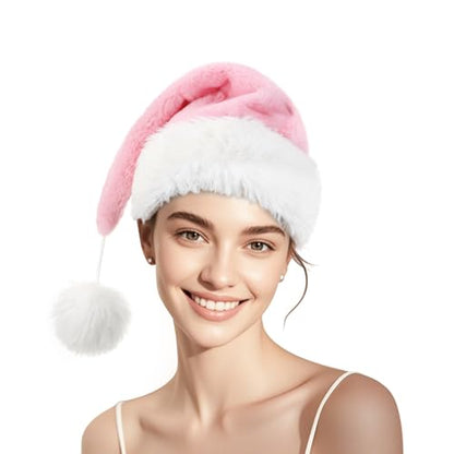 Personalized Santa Hat for Adults, Super Soft Plush Holiday Christmas Hat, Xmas New Year Party Headwear - color: Plush-light Pink