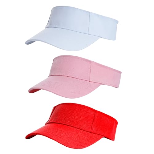 Yookat 3 Pack Visor Sun Hat Adjustable Sun Visor Caps Golf Tennis Visor Hat for Sports Girls Boys Outdoor - color: White, Pink, Red