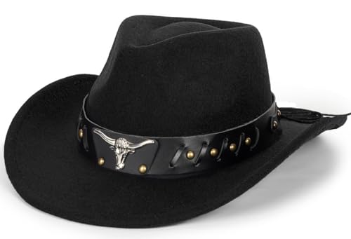 Western Cowboy Hat for Men Women Classic Fedora Cowgirl Hats Buckle Belt - color: Bull-head Cowboy Hat