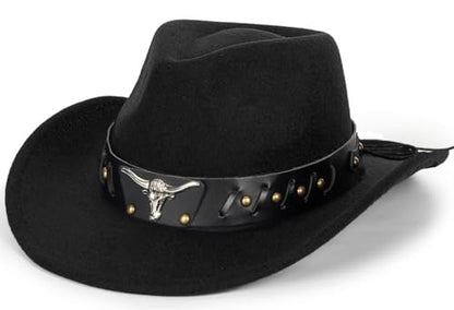 Western Cowboy Hat for Men Women Classic Fedora Cowgirl Hats Buckle Belt - color: Bull-head Cowboy Hat
