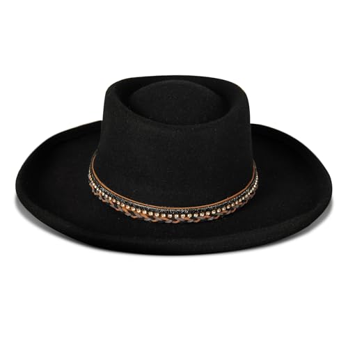 Lucky Brand Womens Ranger Hat | Wide Brim | Felt | Rancher | Americana | Western Inspired | Classic | Fashion | Cowboy - color: Rhinestone Tie - Black