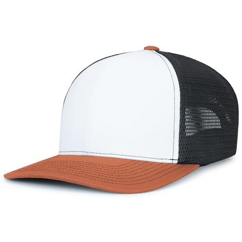 Pacific Headwear Contrast Stitch Trucker Pacflex Snapback Cap - color: White/Light Charcoal/Rust