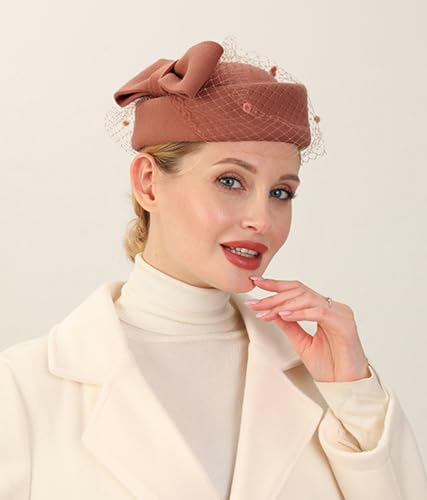 ORIDOOR Women's British Style Pillbox Church Derby Wedding Winter Vintage Fascinator Beret 100% Wool Felt Veil Hat - color: 01a-light Coffee