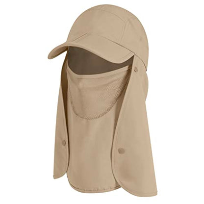 SUN CUBE Fishing Sun Hat with Neck Flap & Face Cover, Wide Brim UPF50+ Cap - color: Tan