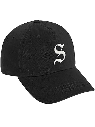Daxton Low Profile Adjustable Baseball Dad Hat Cap White Old English Font Alphabet A to Z - color: Black, style: Letter S