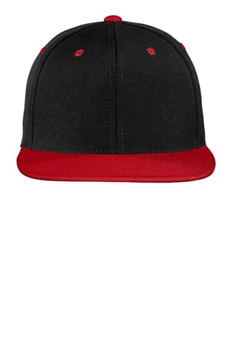 SPORT-TEK Unisex Classics Flat Bill Snapback Cap | Snapback Hat for Men & Women, High Profile Design with 7 Position Closure - color: Black/ True Red