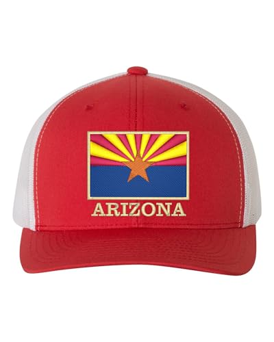 Go All Out Arizona Flag with Classy Gold Trim Arizona Pride Dad Deluxe Trucker Flatbill Baseball Structured Embroidered Hat - color: Red/ White