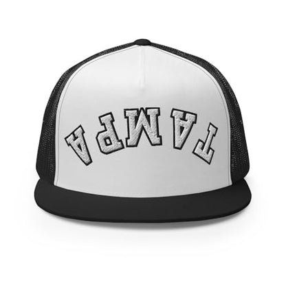 NX Upside Down Tampa Embroidered Flat Bill Trucker Hat High Crown Snapback Cap - color: Black/ White/ Black