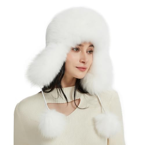 Women Real Fur Trapper Hat Sheepskin Leather Aviator Hat Ear Flaps Ushanka Hat Snow Hat with Pom Pom - color: White