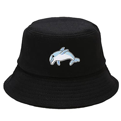 Cotton Bucket Hat Solid Color Beach Hat Summer Travel Sun Hats Fisherman Cap - color: Dolphin Black