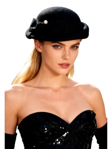 Women Wool Felt Ribbon French Fashion Vintage Millinery Beret Hats Top Cap Ladies Party Wedding Fedoras Chapeau - color: Black 2