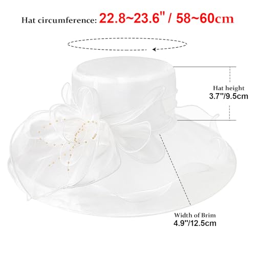 AQOKKA Women Organza Church Fascinators Kentucky Derby Hats for Women and Girls Wedding Flower Tea Party Hat with Wide Brim - color: White