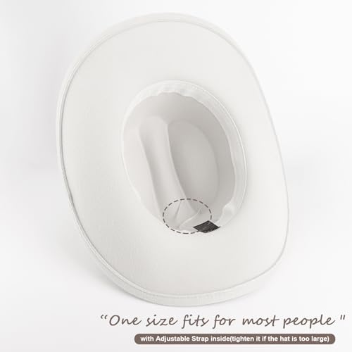 AQOKKA Western Cowboy Hats for Women Classic Felt Wide Brim Fedora Hat with Belt Buckle Retro Panama Hat Unisex Rolled up Cap - color: 1 Pc Fedora Hat : White