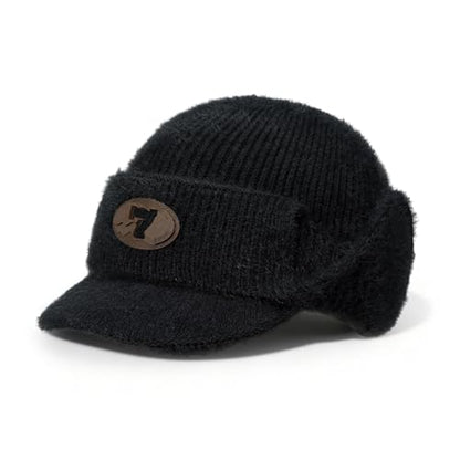 CLAPE Cozy Head Beanies with Brim, Small Billed Beanie for Cold Weather Mens Winter Warm Knit Hat with Ear Flaps - color: Kh25d18-black