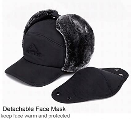 Mens Winter Thermal Trapper Hat Russian Ushanka Ski Hunting Dad Cap Ear Flaps Motorcycle Cycling Mask Women Warm Fur Snow Hat - color: 3-in-1 Black, Solid
