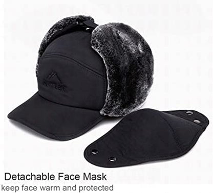 Mens Winter Thermal Trapper Hat Russian Ushanka Ski Hunting Dad Cap Ear Flaps Motorcycle Cycling Mask Women Warm Fur Snow Hat - color: 3-in-1 Black, Solid
