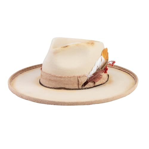 Vintage Pencil Brim Fedora Hats 100% Wool Felt Hat Panama Rancher Hat with Lightning Logo Handmade Distressed/Burned - color: Ivory Trail, size: 7 5/8