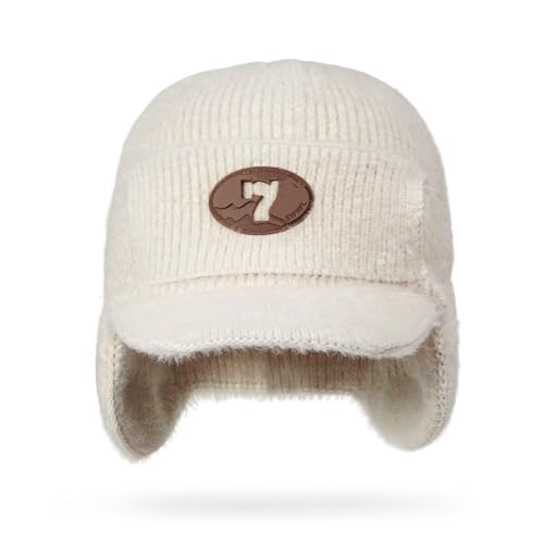 CLAPE Cozy Head Beanies with Brim, Small Billed Beanie for Cold Weather Mens Winter Warm Knit Hat with Ear Flaps - color: Kh25d18-beige