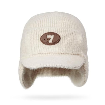 CLAPE Cozy Head Beanies with Brim, Small Billed Beanie for Cold Weather Mens Winter Warm Knit Hat with Ear Flaps - color: Kh25d18-beige