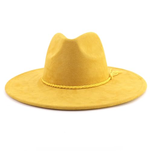 LIDHAY Big Wide Brim Fedora Hats for Women Men Western Suede Hat Large Felt Panama Hat Rancher Hat - color: Yellow
