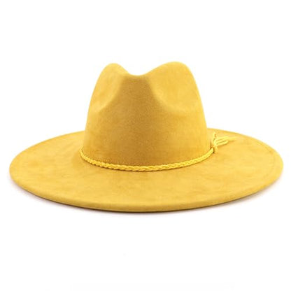LIDHAY Big Wide Brim Fedora Hats for Women Men Western Suede Hat Large Felt Panama Hat Rancher Hat - color: Yellow