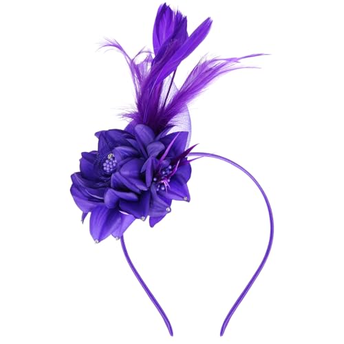 Pistha Fascinators Hats for Women, Fascinators Headband Pearl Mesh Feather Headpiece for Wedding Cocktail Tea Party Accessory - color: Purple