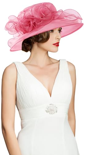 Women's Kentucky Derby Church Dress Hat Wide Brim Leaf Flower Bridal Shower Hat - color: A5-rose