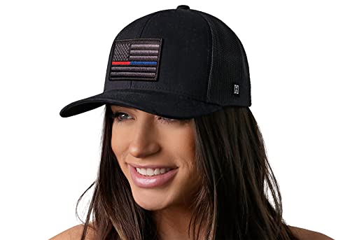 HAKA American Flag Hat | USA Mesh Trucker Snapback Comfort Baseball Cap - color: Black, style: Thin Red & Blue Line (Grey Stripes)