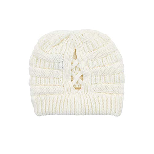 C.C Exclusives Soft Stretch Cable Knit Messy Bun Ponytail Beanie Winter Hat for Women (MB-20A) - color: 0 Criss-cross Ivory