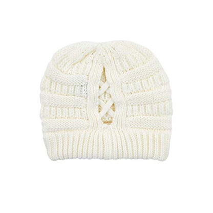 C.C Exclusives Soft Stretch Cable Knit Messy Bun Ponytail Beanie Winter Hat for Women (MB-20A) - color: 0 Criss-cross Ivory
