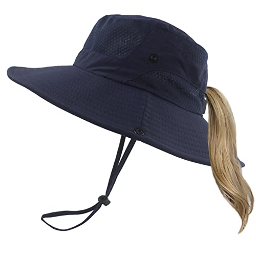 Muryobao Women Ponytail Sun Hat Summer UV Protection Cap Outdoor Foldable Mesh Wide Brim Bucket Hats for Beach Fishing Garden - color: Navy Blue