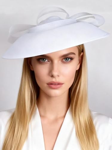 Wide Brim Church Hat for Women - Elegant Kentucky Fascinator with Bow Mesh,Bridal Wedding Tea Party Derby Formal Top Hats - color: White