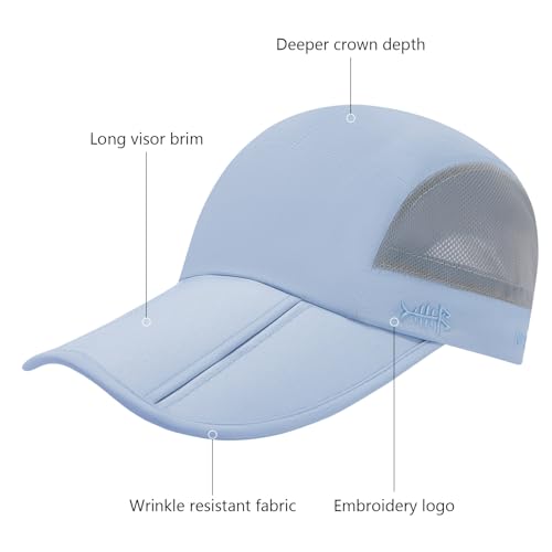 BASSDASH Folding Fishing Baseball Cap UPF 50+ Water Resistant Outdoor Portable Brim Hats for Women Men Hiking Adjustable - color: Light Blue