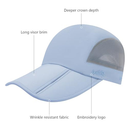 BASSDASH Folding Fishing Baseball Cap UPF 50+ Water Resistant Outdoor Portable Brim Hats for Women Men Hiking Adjustable - color: Light Blue