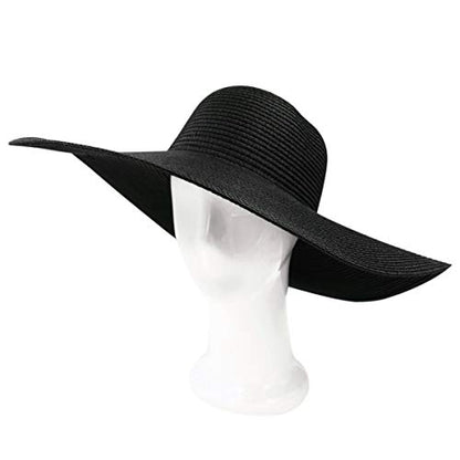 Womens 5.75" Wide Brim Foldable UPF50 Floppy Summer Straw Hat Sun Beach Hat - color: Black
