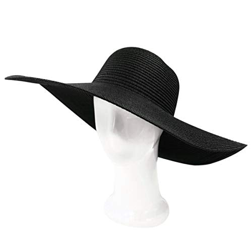Womens 5.75" Wide Brim Foldable UPF50 Floppy Summer Straw Hat Sun Beach Hat - color: Black